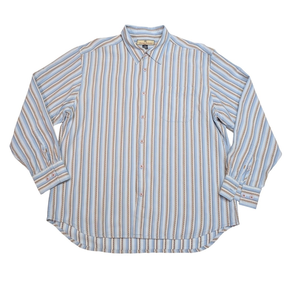 Tommy Bahama Tencel Shirt Mens XL Blue Striped Long Sleeve Made Hong Kong